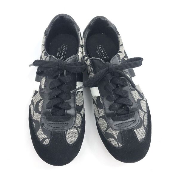 Coach JOSS Black Suede Gray Signature Monogram Canvas Lace Up Casual Sneakers - Picture 1 of 15